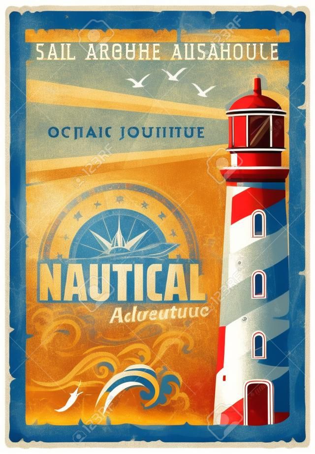 Lighthouse nautical adventure retro poster safety of navigation symbol. Tower containing beacon light to warn or guide ships at sea, compass and seagulls. Vector marine lighthouse, maritime building