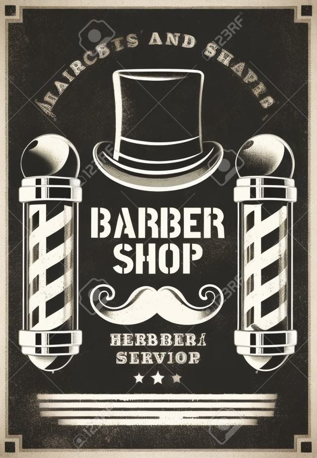 Barbershop retro advertisement poster for haircut and beard shave premium salon. Vector vintage design of barber shop or hairdresser studio of pole signage, mustaches and gentleman cylinder hat