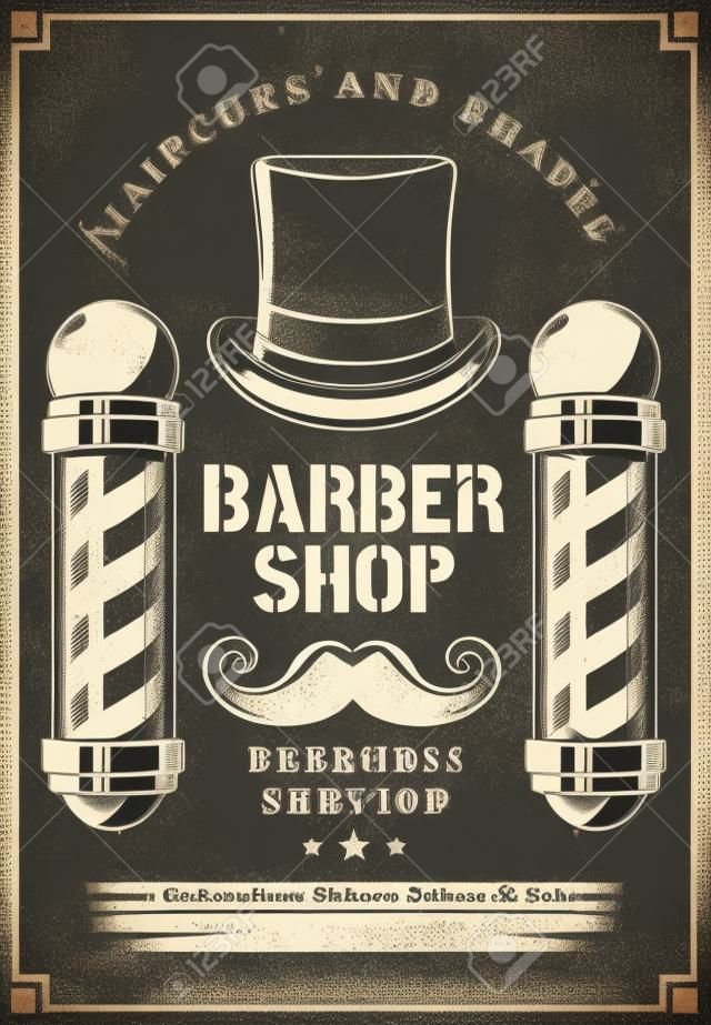Cartaz retro do anúncio da barbearia para o salão premium do corte de cabelo e da barba. Projeto do vintage do vetor da barbearia ou do estúdio do cabeleireiro da sinalização do pólo, dos bigodes e do chapéu do cilindro do cavalheiro