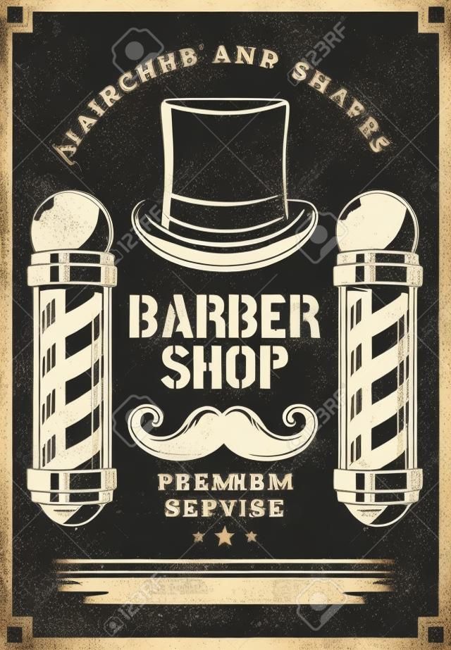 Barbershop retro advertisement poster for haircut and beard shave premium salon. Vector vintage design of barber shop or hairdresser studio of pole signage, mustaches and gentleman cylinder hat