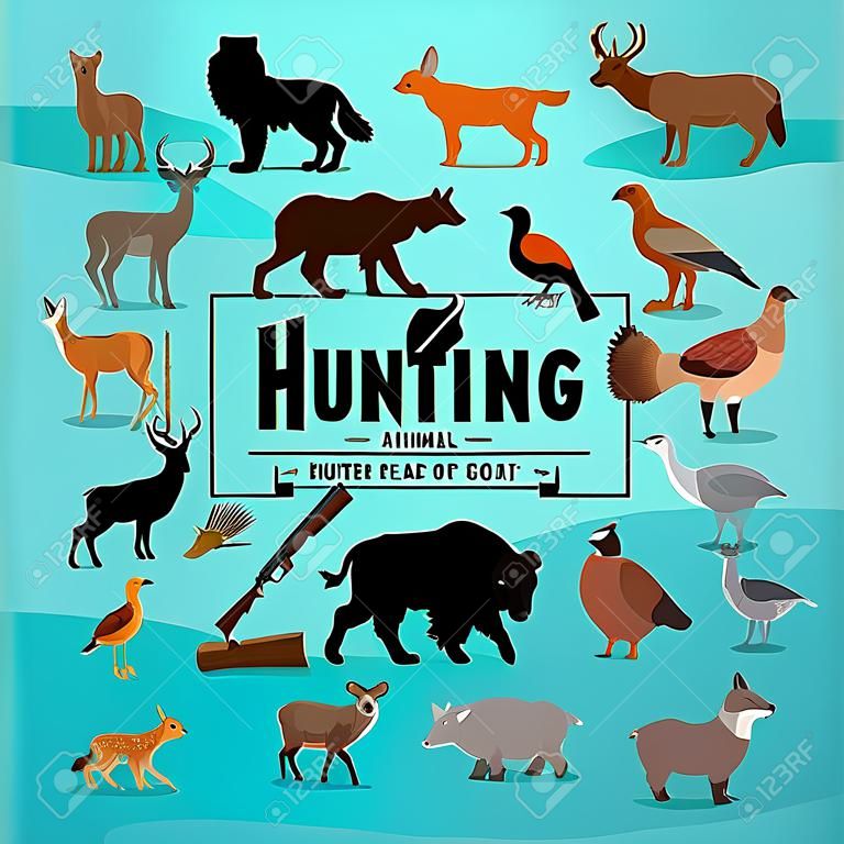 Affiche d'animaux de chasse avec fusil et briquet. Vecteur de proie de chasseur, d'ours et de buffle, de blaireau et de chèvre, de cerf et de lynx, de faisan et de loup, de martre et de renard, de canard et d'oie, de jaguar et de tétras