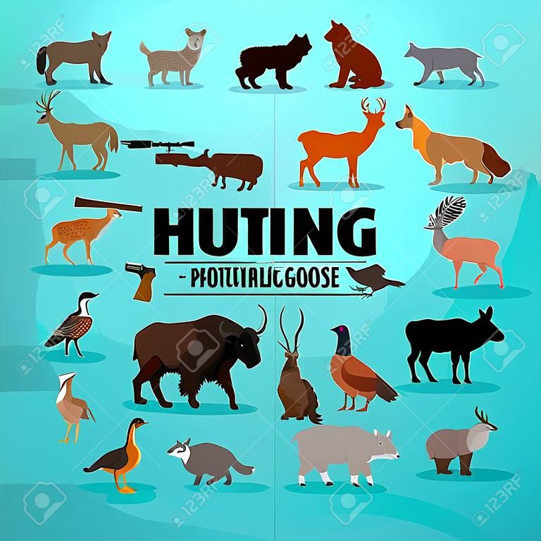 Affiche d'animaux de chasse avec fusil et briquet. Vecteur de proie de chasseur, d'ours et de buffle, de blaireau et de chèvre, de cerf et de lynx, de faisan et de loup, de martre et de renard, de canard et d'oie, de jaguar et de tétras