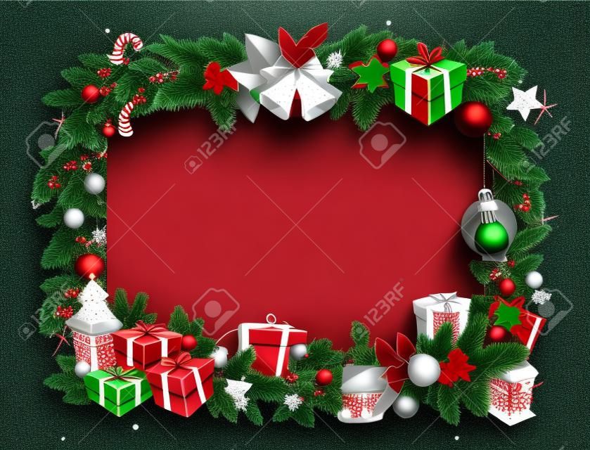 Christmas holiday frame with New Year gifts and Xmas tree. Christmas greetings with border of fir, spruce and holly garland, present boxes, red ribbon bow and stars, balls, candy cane and bells
