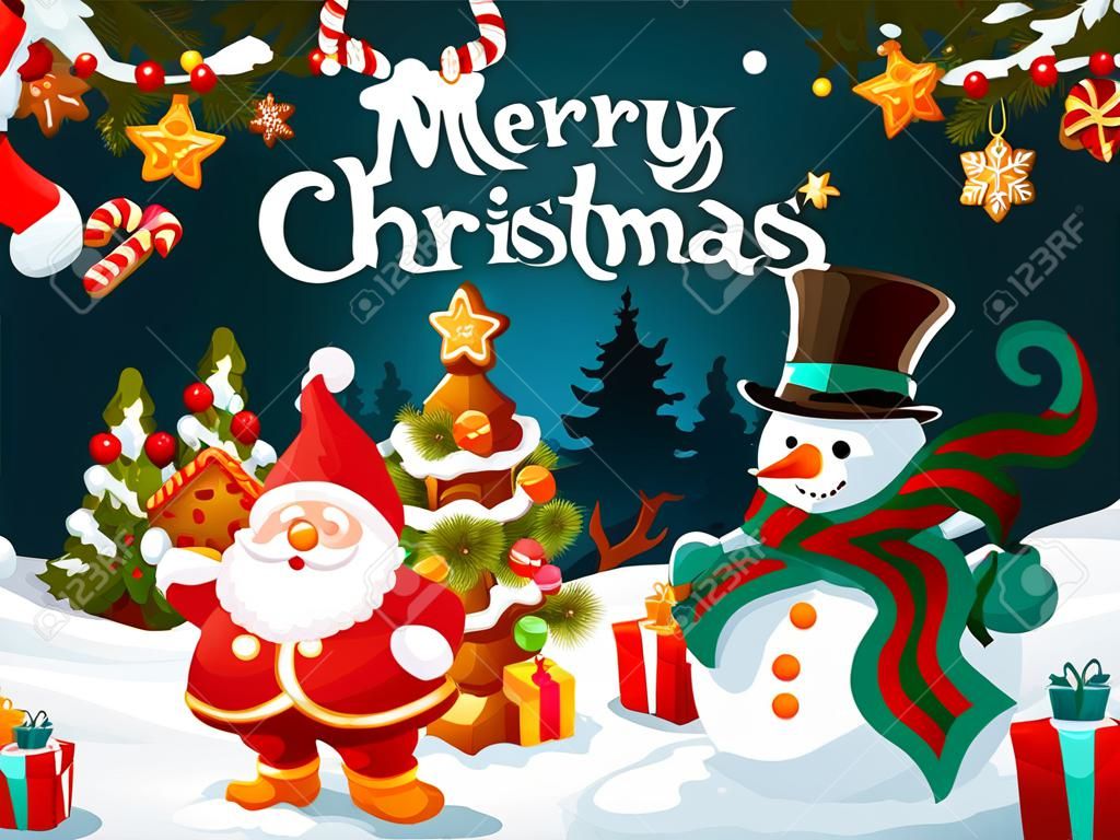 Kerstmis sneeuwpop en dwerg, geschenken en geschenken. Vector Xmas boom en Santas zak, suikerriet snoep en lantaarn, bullfinch en peperkoek koekjes. Wintervakantie viering, feeën personages in het bos