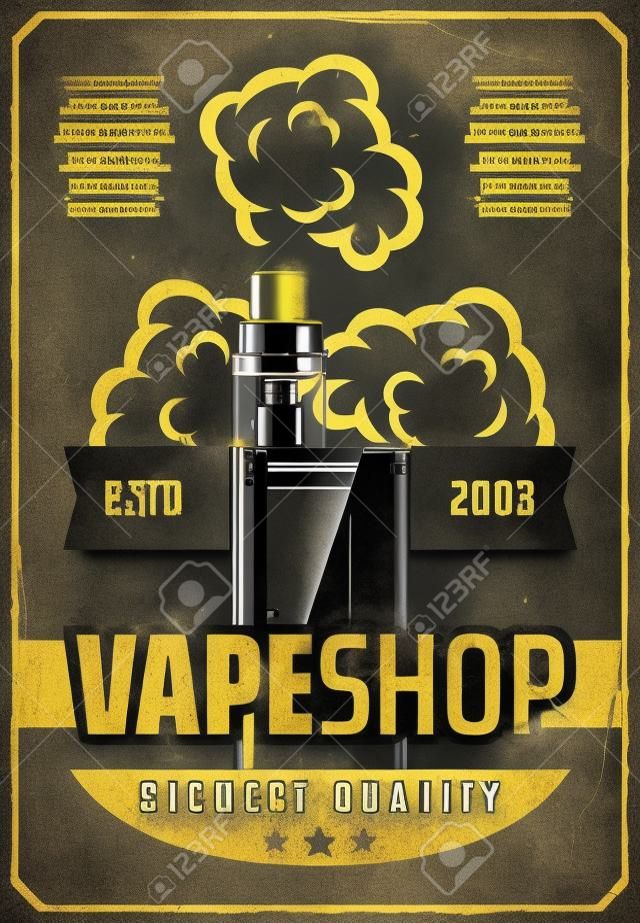 Vape-Shop-Werbung Retro-Poster-Design von elektronischer Zigarette oder E-Zigarette für modernes Rauchen oder Dampfen. Vektor-Vintage-Grunge-Design der Aromakapselpatrone für Shisha- oder Shisha-Rauch