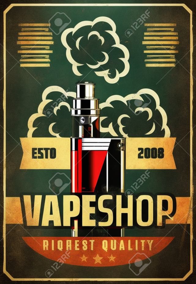 Vape-Shop-Werbung Retro-Poster-Design von elektronischer Zigarette oder E-Zigarette für modernes Rauchen oder Dampfen. Vektor-Vintage-Grunge-Design der Aromakapselpatrone für Shisha- oder Shisha-Rauch