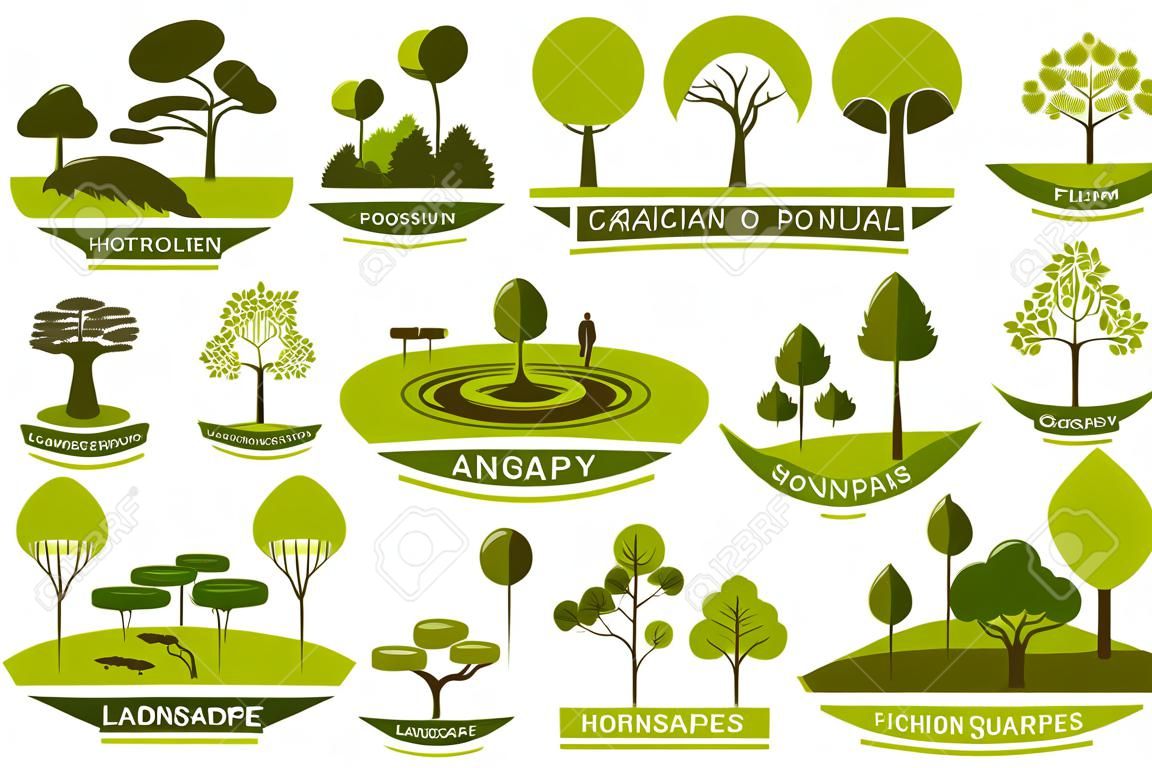 Landschap ontwerp bedrijf vector iconen, stedelijke tuinbouw planten premium service. Vector geïsoleerde bos bomen of parkland pleinen en parken, groen project ontwerp van de stad ecologie, tuinieren