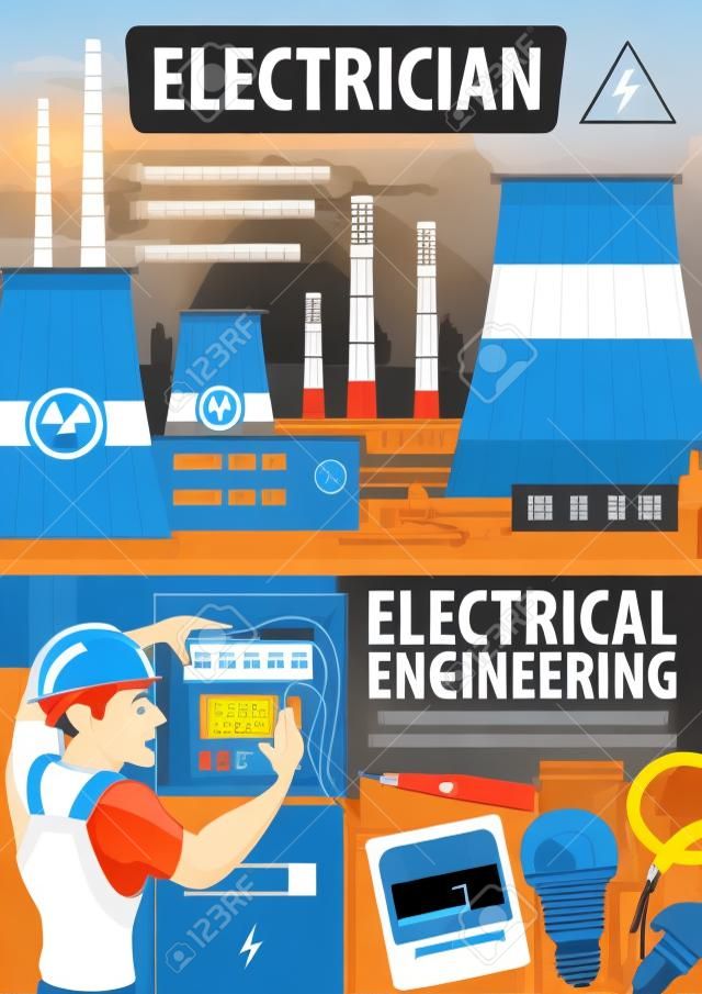 電気技師の職業、電気工学、エネルギー。発電と発電のベクトルで発電所。電圧計とバッテリー、電球とケーブル、ヘルメット固定電気メーターの男