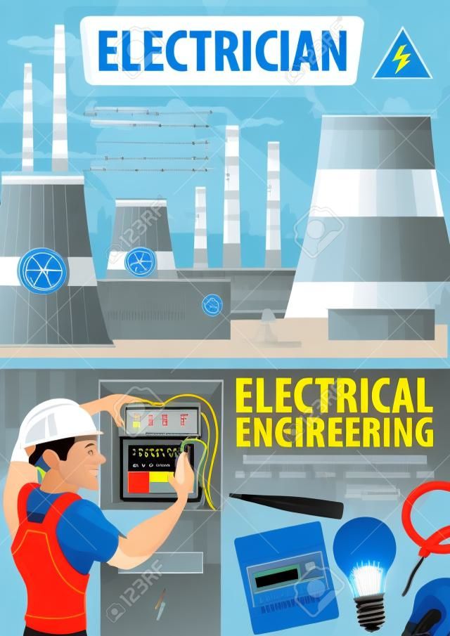 電気技師の職業、電気工学、エネルギー。発電と発電のベクトルで発電所。電圧計とバッテリー、電球とケーブル、ヘルメット固定電気メーターの男