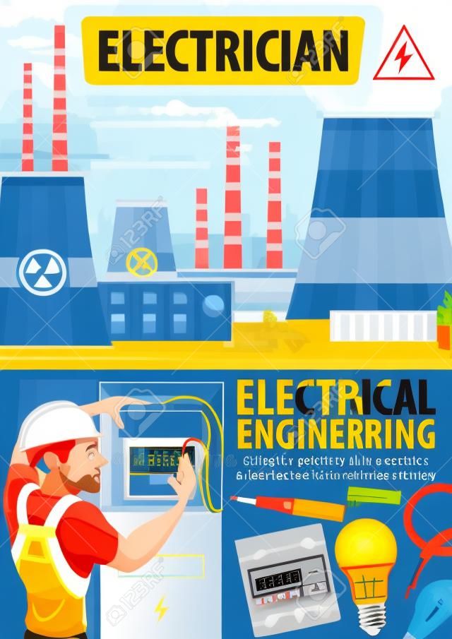 Electrician profession, electrical engineering and energetics. Electricity generation and power plants in vector. Voltmeter and battery, light bulb and cable, man in helmet fixing electric meter