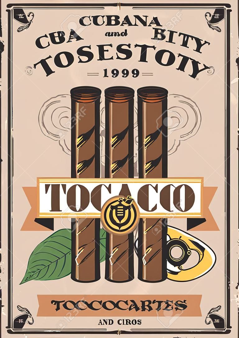 시가와 담배 복고풍 포스터입니다. 쿠바 하바나 프리미엄 품질 라벨 및 절단기, 담배 생산 공장 또는 신사 흡연 클럽이 있는 벡터 담배