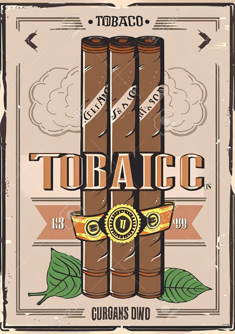 Cartaz retro de charutos e tabaco. Cigarros de vetor com Havana cubana etiqueta de qualidade premium e cortador, fábrica de produção de tabaco ou clube de fumo de cavalheiros