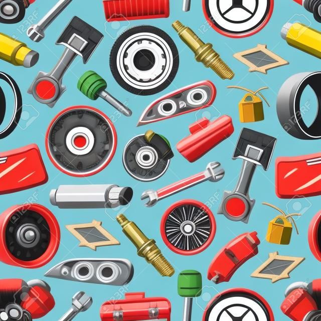 Car spare parts seamless pattern background of auto vehicle details and accessories. Vector piston, engine and spark plug, gear, wrench and starter, wheel, brake and exhaust pipe. Transportation theme