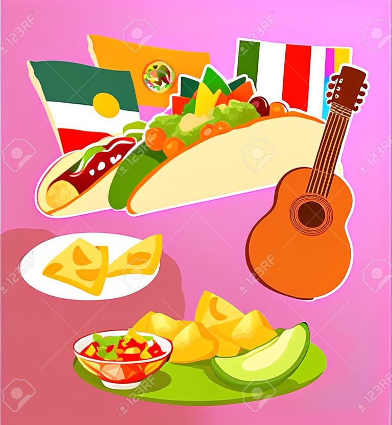 Cinco de Mayo 전통 축제 파티 축하. Cinco de Mayo 음식 부리토, 칠리 페퍼 살사와 아보카도가 있는 나초, 타코와 피나타를 곁들인 퀘사디아가 있는 벡터 멕시코 국기