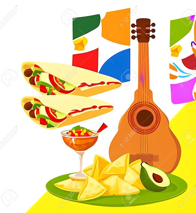 Celebración de la fiesta tradicional del Cinco de Mayo. Vector bandera de México con burrito de comida del Cinco de Mayo, nachos con salsa de ají y aguacate, quesadilla con tacos y piñata
