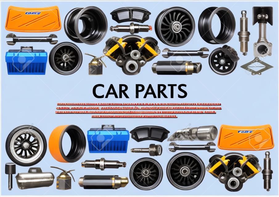 Auto reparatie service, auto reserveonderdelen en gereedschappen. Vector motor, olie of moersleutel en voorruit, lichtmetalen wielen en banden, uitlaatpijp en achteruitkijkspiegel of remmen, snelheidsmeter