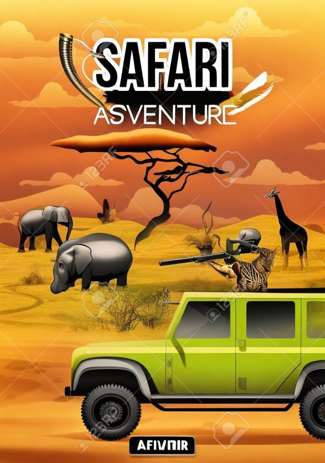 アフリカのサファリ狩猟の冒険。サバンナゾウ、カバやシマウマの野生動物トロフィーにライフル銃とホーン狩りを持つ狩猟トラックの車のハンター