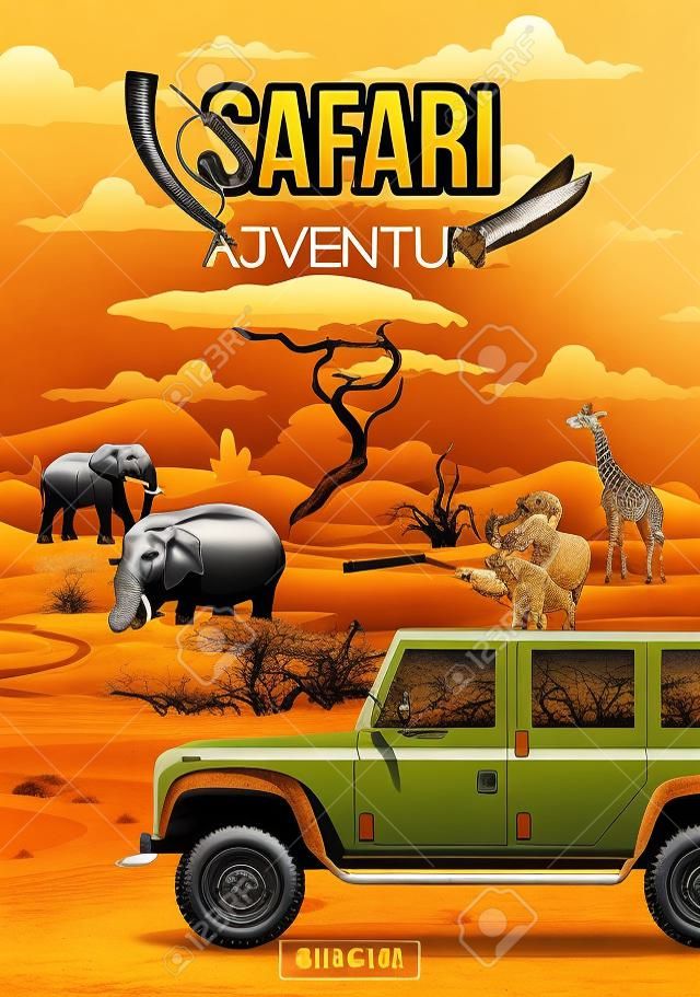 Aventure de chasse safari en Afrique. Chasseur sur camion de chasse avec fusil et corne chasse sur trophée d'éléphant de savane, d'hippopotame ou d'animaux sauvages de zèbre
