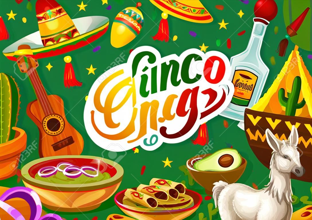 Feliz Cinco de Mayo, México celebración comida festiva y símbolos de fiesta sobre fondo mexicano. Vector de caligrafía de la fiesta del Cinco de Mayo, tequila con cactus y piñata, guacamole de aguacate y burrito