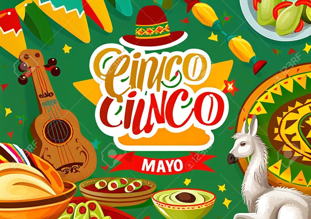 Szczęśliwy Cinco de Mayo, Meksyk celebracja świąteczne jedzenie i fiesta symbole na tle meksykański. Wektor Cinco de Mayo party kaligrafia, tequila z kaktusem i pinata, awokado guacamole i burrito