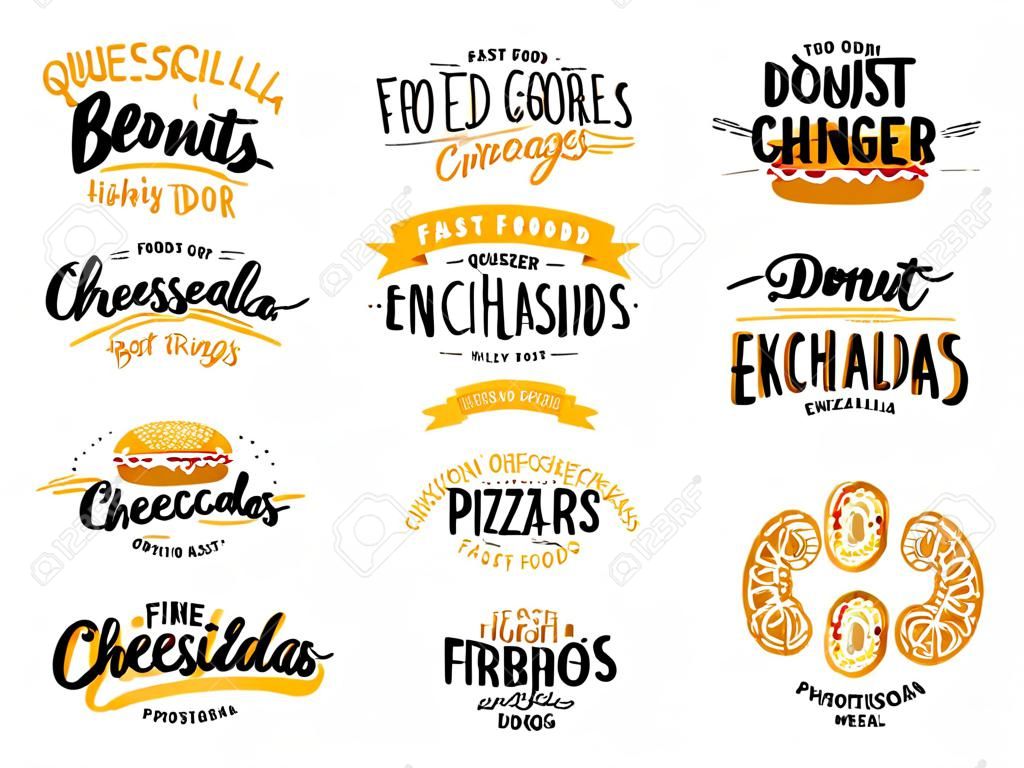 Fast food icons with lettering or signs. Vector hot dog and quesadilla, donut and burger, pizza and enchiladas, sandwich and cheesecake, chicken and onion rings. Kebab and Asian wok, takeaway meal