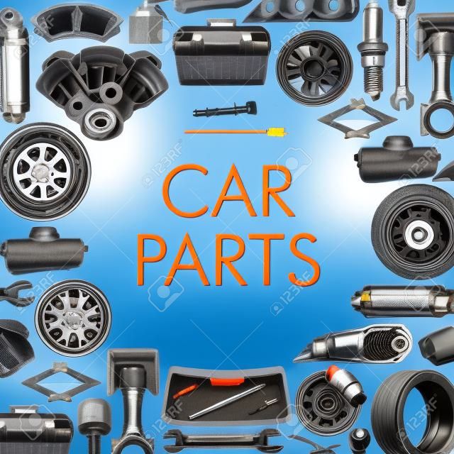 Car spare parts, auto repair service. Vector vehicle gear, tool kit and wheel, jack and muffler, screwdriver and motor filters. Speedometer and mirror, muffler and spanner, maintenance and fix