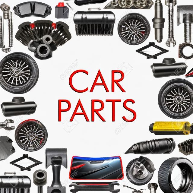 Car spare parts, auto repair service. Vector vehicle gear, tool kit and wheel, jack and muffler, screwdriver and motor filters. Speedometer and mirror, muffler and spanner, maintenance and fix