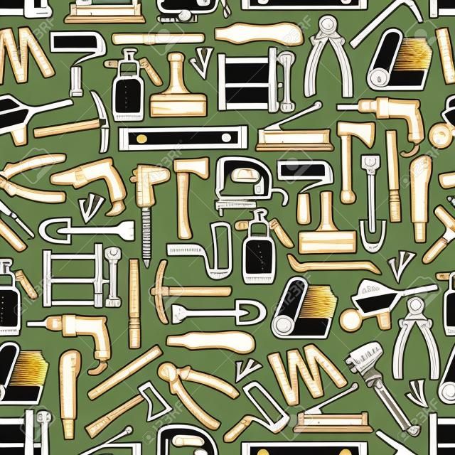Construction DIY tools seamless pattern. Vector thin line tools icons background of handyman carpentry hammer, woodwork plane grinder or painting brush and drill with saw and wallpapers
