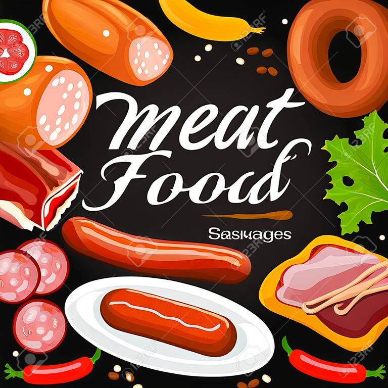 Affiche de nourriture à base de viande de saucisses de bœuf et de porc, jambon, salami et bacon, cuisse de poulet, saucisse de Francfort fumée et pepperoni.