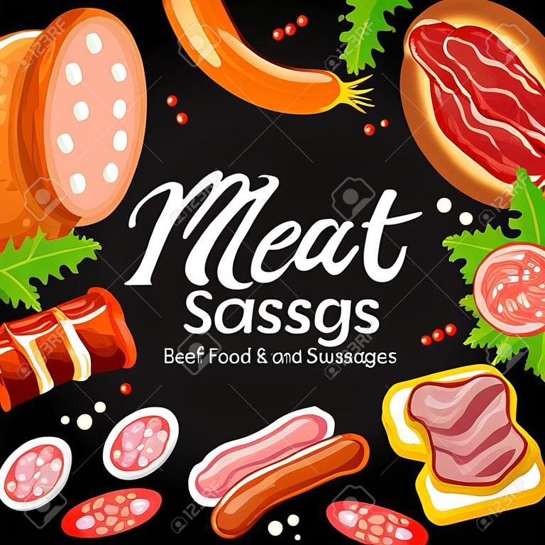 Meat food  poster of beef and pork sausages, ham, salami and bacon, chicken leg, smoked frankfurter and pepperoni.