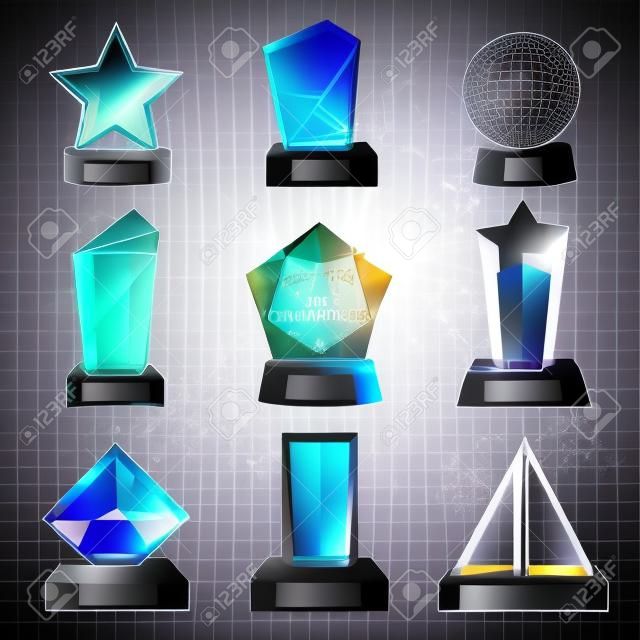 Glass trophy, award and prize 3d vector templates with dark bases. Crystal winner cups in a shapes of star and geometric figures on transparent background. Sport championship and achievement gifts