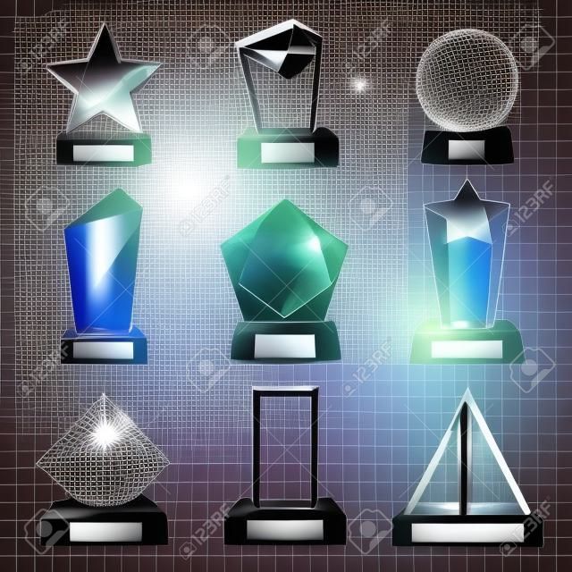 Glass trophy, award and prize 3d vector templates with dark bases. Crystal winner cups in a shapes of star and geometric figures on transparent background. Sport championship and achievement gifts