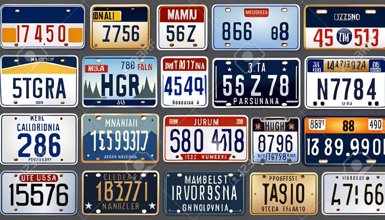 Placas de matrícula de metal ou plástico para identificação de automóveis, caminhões e motocicletas nos estados dos EUA, Califórnia americana, Havaí e Michigan