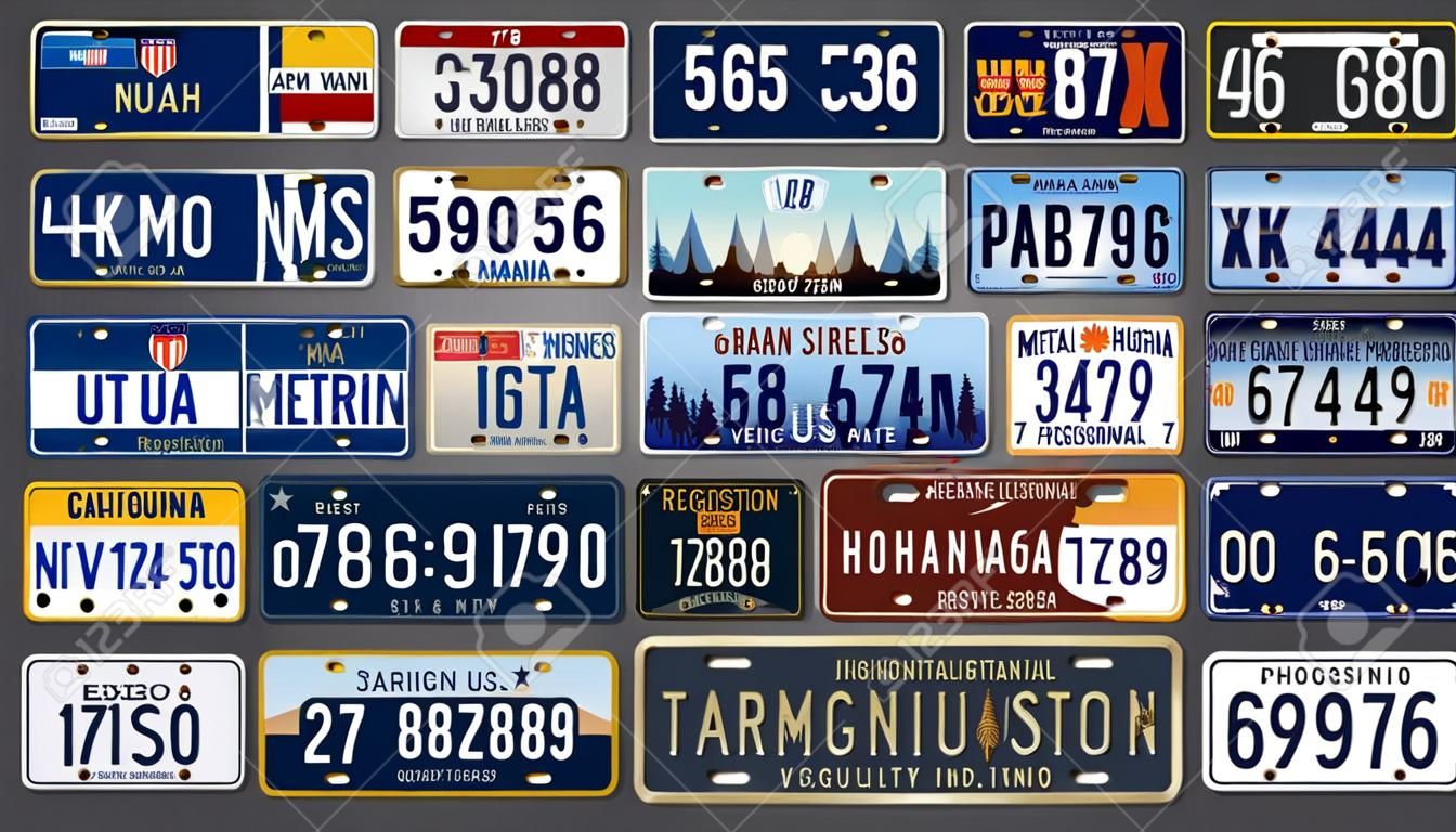 Autonummern oder Fahrzeugkennzeichen Vektordesign. Nummernschilder aus Metall oder Kunststoff zur Identifizierung von Autos, Lastwagen und Motorrädern in den USA, Kalifornien, Hawaii und Michigan
