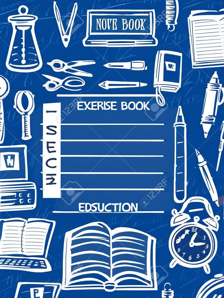 Cuaderno de estudiante o plantilla de vector de portada de libro de ejercicios con útiles escolares y artículos educativos. Lápiz, regla y tijeras, reloj despertador, globo y computadora, lápiz y pintura sobre fondo de pizarra