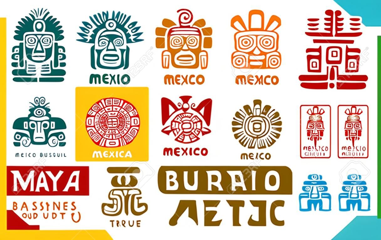Maya- und Azteken-Unternehmens-Corporate-Identity-Symbole. Vector Maya- und Aztekensymbole, Souvenirladen oder Food-Café-Bar und Mexiko historische Reiseausflugsagentur