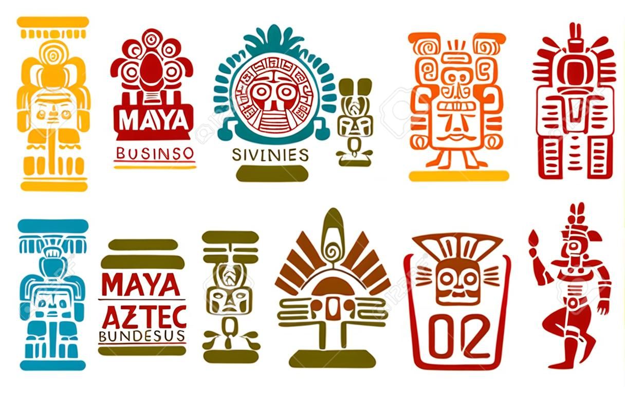 cones de identidade corporativa de negócios maias e astecas. Vector símbolos maias e astecas, loja de lembranças ou bar de café de comida e agência histórica de excursão de viagem do México