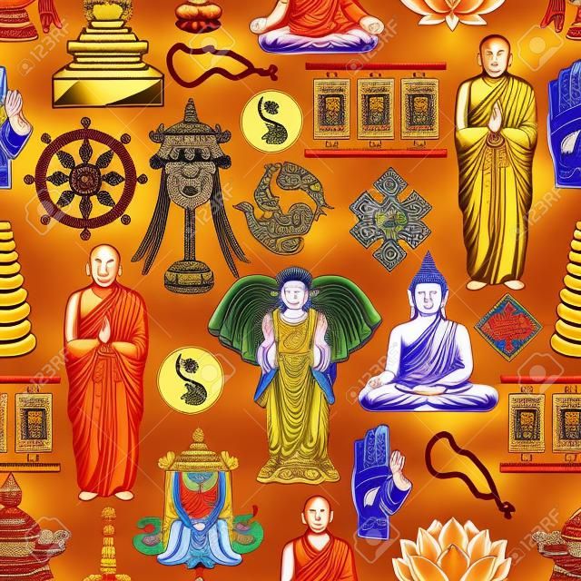 Buddhism symbols, meditation and Buddhist religion seamless pattern
