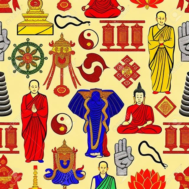 Buddhism symbols, meditation and Buddhist religion seamless pattern