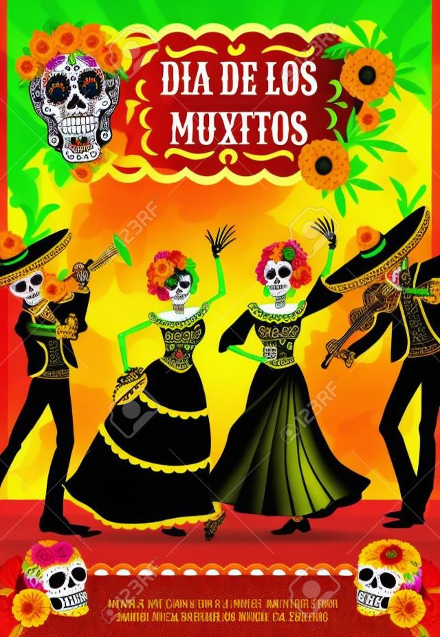 Dia de los Muertos, mexikanisches Partyplakat zum Tag der Toten mit Calavera-Schädel und Ringelblumen. Vektorskelette Frau tanzen und Mann im Sombrero Musik bei Dia de Los Muertos Fiesta