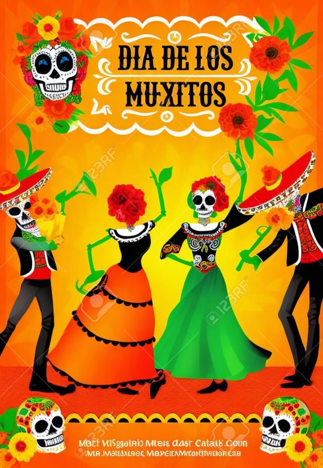 Dia de los Muertos, mexikanisches Partyplakat zum Tag der Toten mit Calavera-Schädel und Ringelblumen. Vektorskelette Frau tanzen und Mann im Sombrero Musik bei Dia de Los Muertos Fiesta
