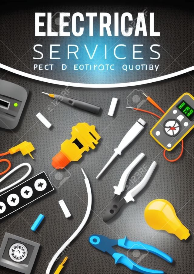 Electrical service vector design with electrician tools and electric power equipment poster. Cable, light bulbs and voltage tester, voltmeter, energy meter and switch, plug, socket, batteries and wire