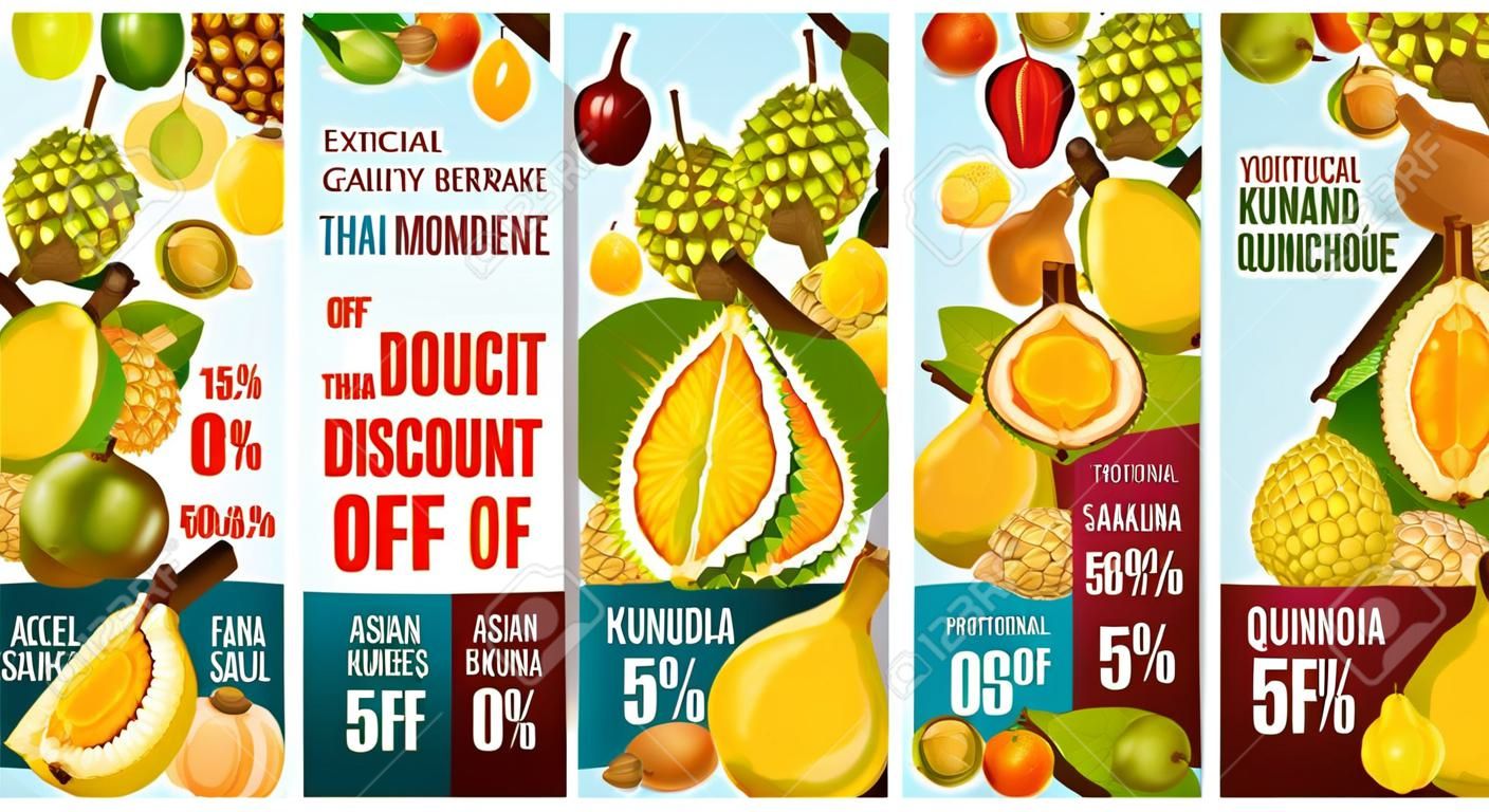 Banners de vector de venta de frutas exóticas con ofertas de precios de descuento de bayas tropicales asiáticas. Durian tailandés, pomelo y kumquat, membrillo, tamarindo y salak, morinda, sweetsop y santol, ackee y jabuticaba