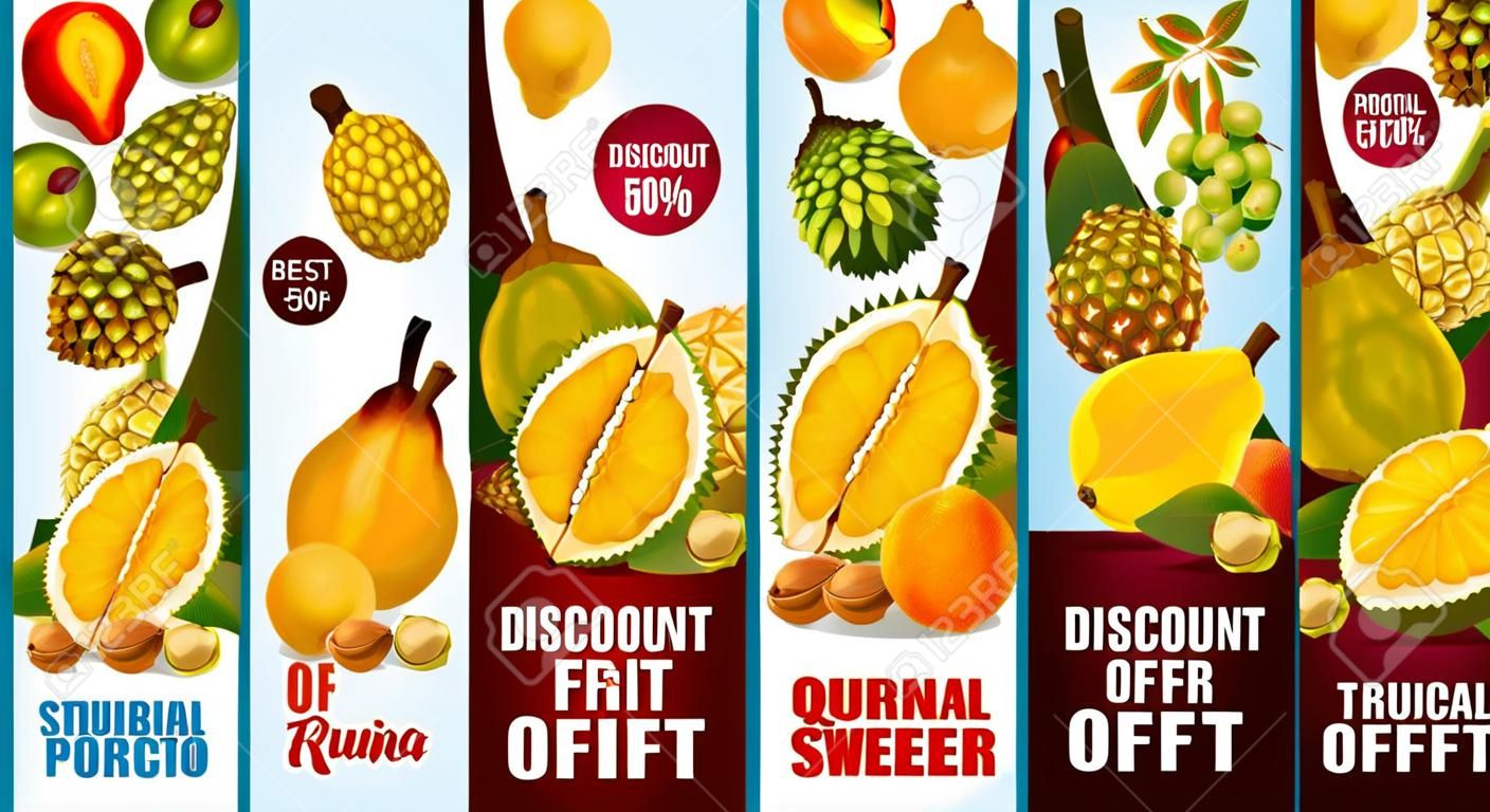 Exotic fruits sale vector banners with discount price offers of Asian tropical berries. Thai durian, pomelo and kumquat, quince, tamarind and salak, morinda, sweetsop and santol, ackee and jabuticaba