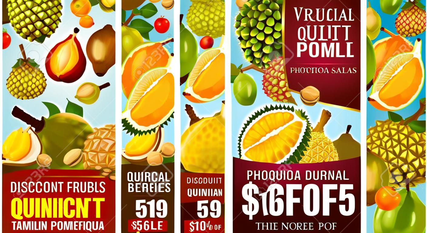 Banners de vector de venta de frutas exóticas con ofertas de precios de descuento de bayas tropicales asiáticas. Durian tailandés, pomelo y kumquat, membrillo, tamarindo y salak, morinda, sweetsop y santol, ackee y jabuticaba