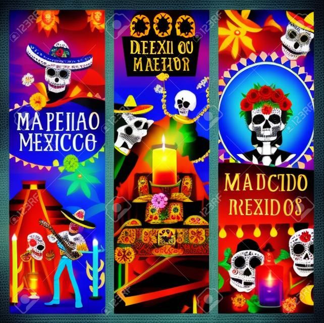 Day of Dead Mexican holiday banners, Dia de los Muertos fiesta celebration. Vector dead woman dance with skeleton playing guitar, calavera skull on ritual altar with photos, candles and coffin