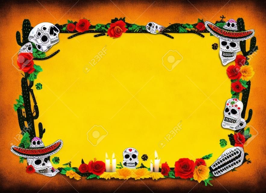 Poster in bianco per le vacanze del giorno dei morti messicano Dia de los Muertos con teschi di calavera e cornice di fiori di calendula. Celebrazione del giorno dei morti di vettore, tequila di cactus con candele, maracas e bara