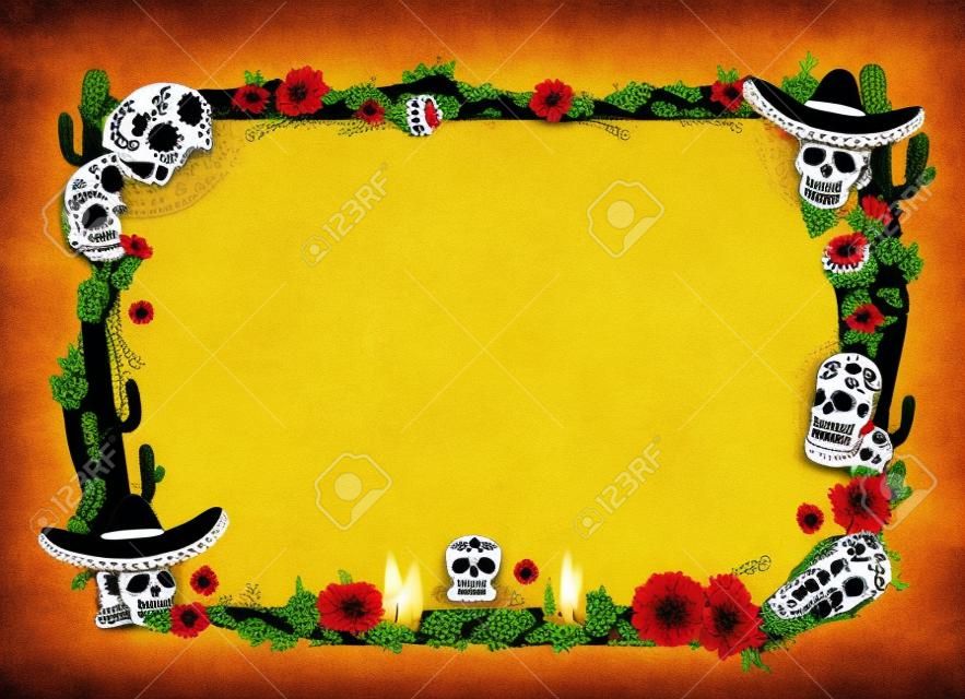 Affiche vierge du jour des morts mexicaine Dia de los Muertos avec des crânes de calavera et un cadre de fleurs de souci. Célébration vectorielle du Jour des Morts, tequila de cactus avec bougies, maracas et cercueil