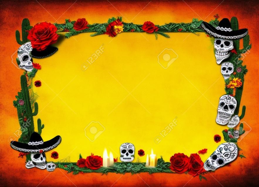 Tag des toten mexikanischen Dia de los Muertos-Urlaubs leeres Poster mit Calavera-Schädeln und Ringelblumen-Rahmen. Vector Day of Dead Feier, Kaktus-Tequila mit Kerzen, Maracas und Sarg