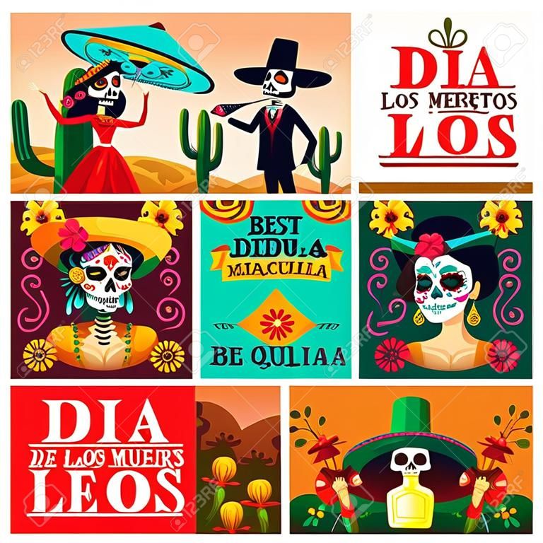 Dia de los Muertos, Mexican day of dead celebration. Vector dancing skeletons on graveyard, calavera skulls or catrina heads. Man in sombrero and woman in dresses, tequila and maracas, cactuses
